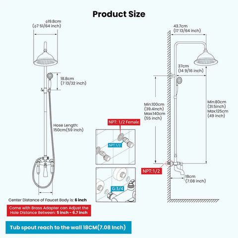 Oil Rubbed Bronze Shower Faucet Set With 8 Inch Rainfall Shower Head Handheld Spray Double Lever Handle Wall Mount Dimensions