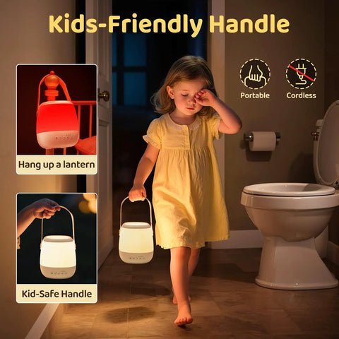 Child holding 4 In 1 Baby Night Light Sound Machine With 35 RGB Colors And 12 White Noise Options, cordless USB lamp.