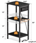 Diagram of Tall Nightstand With Charging Station And Outlets, 3 Tier Narrow End Table With Ample Storage, showing dimensions and weight capacity.