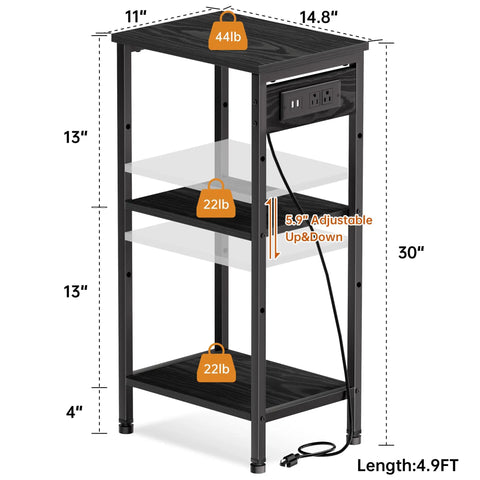 Diagram of Tall Nightstand With Charging Station And Outlets, 3 Tier Narrow End Table With Ample Storage, showing dimensions and weight capacity.