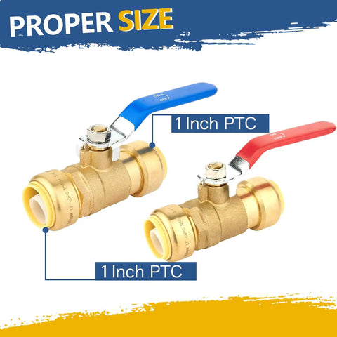 Heavy Duty One Inch Push To Connect Ball Valve With Slick Snap Fast Shut Off Operation For Stress Free Hot Cold Water Plumbing Upgrades That Works Like A Charm For Handymen And Seasoned Pros Alike Pack Of Thirty Pieces - Two valves shown from the side, one with blue lever and one with red lever.