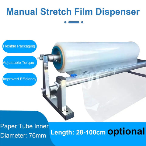 Manual Stretch Film Dispenser With Sliding Cutter, Easy Winding Tool, 76mm Core, Adjustable 28 to 100cm Film Length