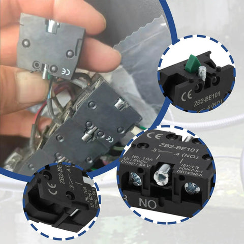 Slick Heavy Duty Green Push Button Switch Rugged 600 Volt 10 Amp Normally Open Contact Block with silver terminals in hand.