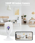 1080P Mini Cam And Baby Monitor With Night Vision Two Way Audio Motion Alarm Live Stream Anywhere Cloud Storage Plug And Play Works With Two Point Four GHz WiFi For Home Security White Four Pack, shown in modern living room with phone display.