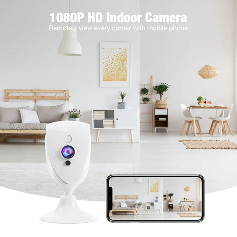 1080P Mini Cam And Baby Monitor With Night Vision Two Way Audio Motion Alarm Live Stream Anywhere Cloud Storage Plug And Play Works With Two Point Four GHz WiFi For Home Security White Four Pack, shown in modern living room with phone display.