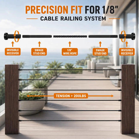 50 Pack Black Cable Railing Kit Deck Ready Setup With Dead Simple Stainless Steel Cables Hidden Mounting Hardware For 2x2 Posts Sleek Turnbuckle Free Rig Ideal For Patios And Fences with 1/8 inch cables and tension indicators