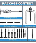 Package contents of 16 Piece Inner Bearing Puller Set For Auto Wheel Bearings, showing pullers, adapters, hammer, collets, and bolt.
