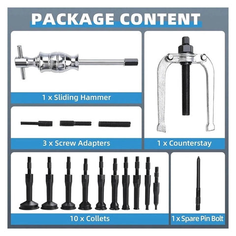 Package contents of 16 Piece Inner Bearing Puller Set For Auto Wheel Bearings, showing pullers, adapters, hammer, collets, and bolt.