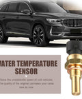 Engine Coolant Temperature Sensor For Delphi III Brass Body Water Temperature Sensor With High Temperature Resistance OEM Numbers 15404280 12191170 60811520 12608814 Durable Plastic Alloy Sensor For Auto Engine Cooling System, showing sensor with brass body and black connector against a background of a black SUV.