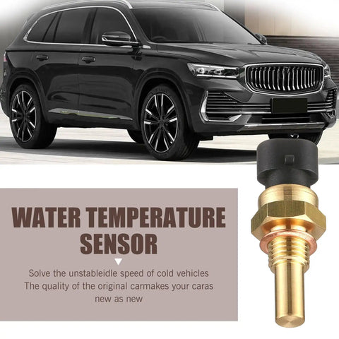 Engine Coolant Temperature Sensor For Delphi III Brass Body Water Temperature Sensor With High Temperature Resistance OEM Numbers 15404280 12191170 60811520 12608814 Durable Plastic Alloy Sensor For Auto Engine Cooling System, showing sensor with brass body and black connector against a background of a black SUV.