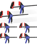 One Handed Bar Clamps Set for Woodworking, Six Pack Quick Change F Clamp and Spreader, Four 6 Inch and Two 12 Inch Clamps