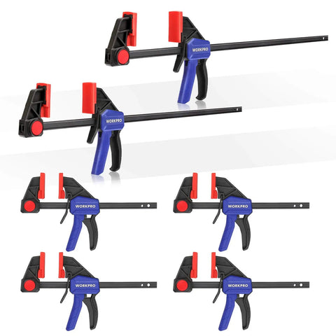 One Handed Bar Clamps Set for Woodworking, Six Pack Quick Change F Clamp and Spreader, Four 6 Inch and Two 12 Inch Clamps