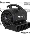 Quarter Horsepower 1000 CFM Air Mover And Floor Dryer With Two Speed Settings Carpet Dryer Black Finish Built In Safety 12 Amp