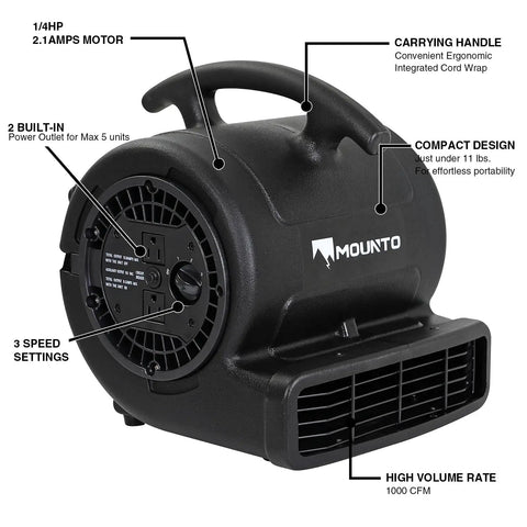 Quarter Horsepower 1000 CFM Air Mover And Floor Dryer With Two Speed Settings Carpet Dryer Black Finish Built In Safety 12 Amp