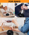 Heavy Duty Toilet Plunger Bulk Pack Of Six Black Double Thrust Rubber Force Cups in use to clear sink clogs.