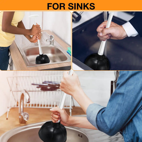 Heavy Duty Toilet Plunger Bulk Pack Of Six Black Double Thrust Rubber Force Cups in use to clear sink clogs.