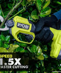Knock Out Overgrown Branches Like A Pro 18V Brushless Cordless Pruner cutting through branches with razor sharp blades in green foliage.