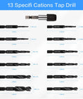 Drill And Tap Bits Set Of Thirteen Pieces Three In One With Quick Change Adapter shown with SAE and Metric sizes labeled