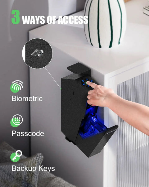 Slick Drop Down Biometric Gun Safe Featuring Lcd Temperature And Humidity Display For Dead Nuts Secure Handgun Storage Plug And Play Bedside Desk Mount Gotta Have Quick Access Firearm Security access options with biometric scanner and keypad.