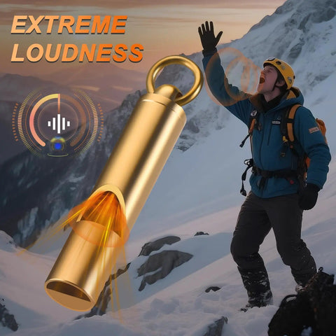 Brass Emergency Whistle 2 Pack With Tangle Free Lanyard Pealess Storm Resistant 120dB Lifesaver Survival Whistle on snowy mountain
