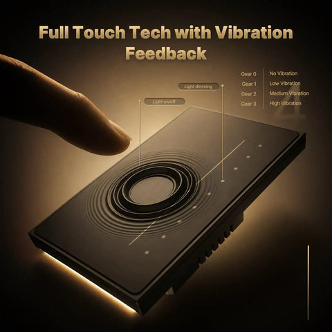 Slick Smart WiFi Dimmer Switch Offering Full Screen Touch And Air Gesture Control Neutral Wire Required Anti Glare White Panel showing finger tapping for vibration feedback.