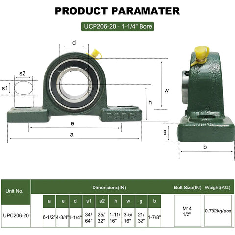 2 Pack UCP206-20 Pillow Block Bearing Set One And A Quarter Inch Mounted Pillow Block Bearings With Solid Cast Iron Base Self Alignment