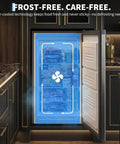 3.1 Cu Ft Upright Freezer With Sleek Stainless Steel Finish, open door showing stored frozen food inside, air-cooled technology.