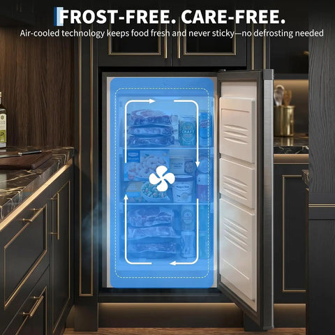 Freestanding Upright Freezer Keeps Your Frozen Goods Chilled With 3.1 Cubic Foot Capacity, showcasing frost-free air-cooled storage.