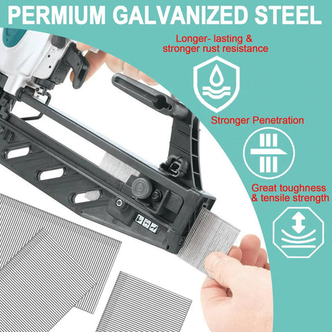 Heavy Duty 15000 Pack 18 Gauge Brad Nails 2 Inch Electro Galvanized Steel showing nail gun with premium steel brad nails for woodworking.
