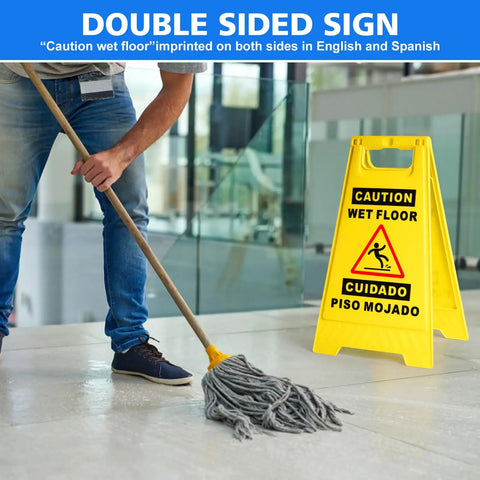 2 Pack Must Have Fold Out Wet Floor Sign Set, 17.5 Inch High Yellow Caution Signs, Double Sided Bilingual Safety Notice With Bold Black Text, Slippery Floor Warn situated next to a mopping action.