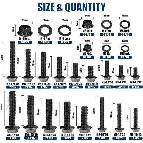 Must Have 400 Piece Metric Flange Bolt Kit With Nuts And Washers 10.9 Grade Black Zinc Bolts M6x1.0 M8x1.25 M10x1.5 sizes chart