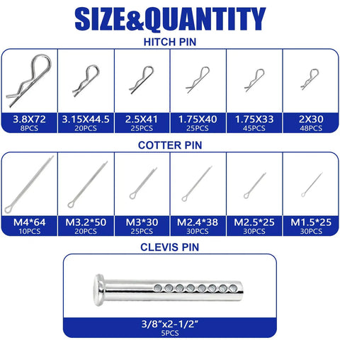 Chart showing various sizes of hitch pins, cotter pins, and clevis pins from 367 Piece Heavy Duty Hitch Pin Kit With R Clips Hair Pins Lynch Pins PTO Pins Cotter Pins Clevis Pins For Trucks Trailers Tractors Mowers And Farm Lawn Garden Equipment