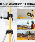 Pro Grade Telescoping Laser Level Pole With Tripod And Mount, 12 Foot Reach, showing uses with line, point, and laser distance meters.