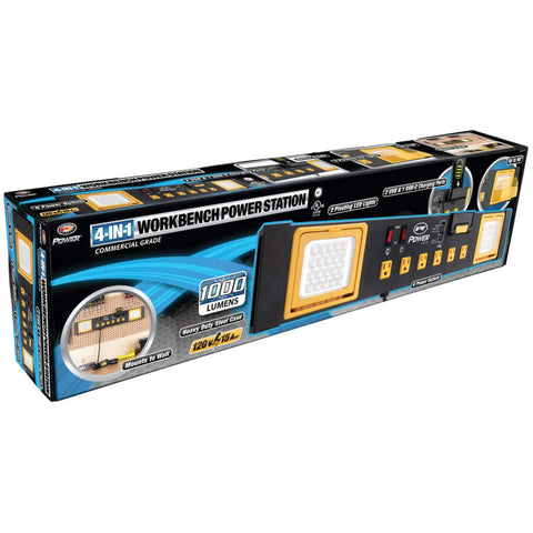 Heavy Duty Commercial Grade Power Station With Six Outlets And Two USB Ports Built In Cradle And Pivoting 1000 Lumen LED Lights Ideal For Garages, Workshops, And Job Sites in packaging