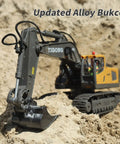 Boss 11 Channel RC Excavator Toy With 680 Degree Rotation And Alloy Bucket in sand, outdoor play for kids ages four to ten