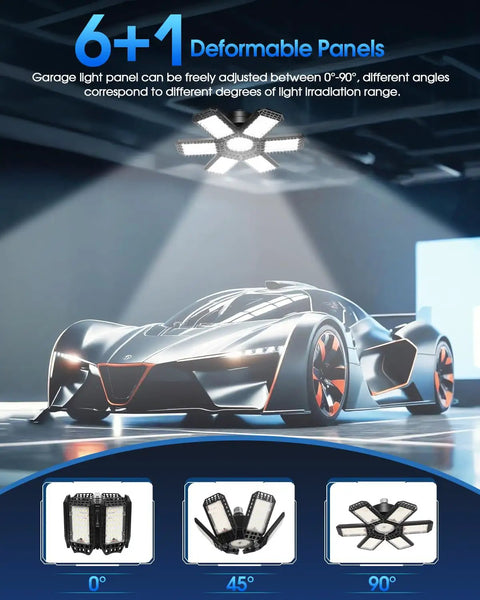 Crazy Bright 200W Garage Light With Six Deformable Panels And Central LED 20000 Lumens illuminating a sleek black car