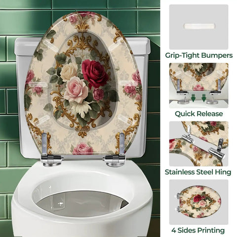 Elongated Resin Toilet Seat for Bathroom with floral design on top, fits most toilets with grip-tight bumpers.