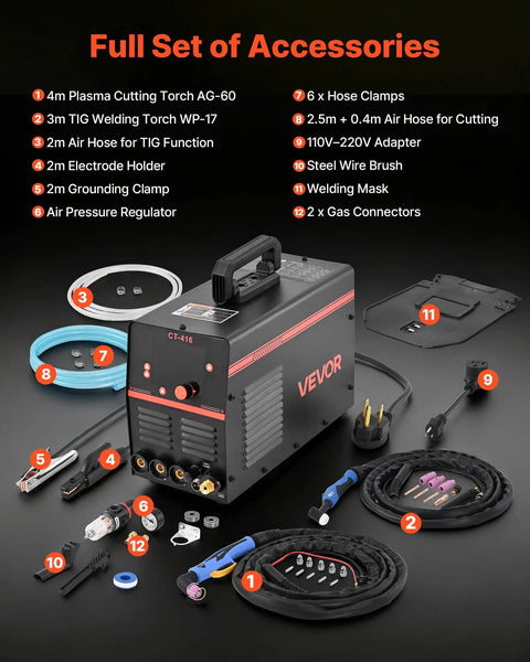 3 In 1 Plasma Cutter Welder Combo for Home Workshop with accessories displayed, including torches, clamps, and cables.