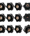 Rock Solid No Sweat 12 Pack Star Knobs M8 Thread Knurled Clamping Nuts matte black reinforced nylon steel core, visible knobs arrangement
