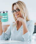 Custom 12oz Stainless Steel Tumbler With Lid, Double Wall Vacuum Insulated Cup For Office And Gym, Personalized With Photo Logo Or Text, Keeps Drinks Hella Cold, Navy Bulk Sip Gear Set held by a woman with glasses.