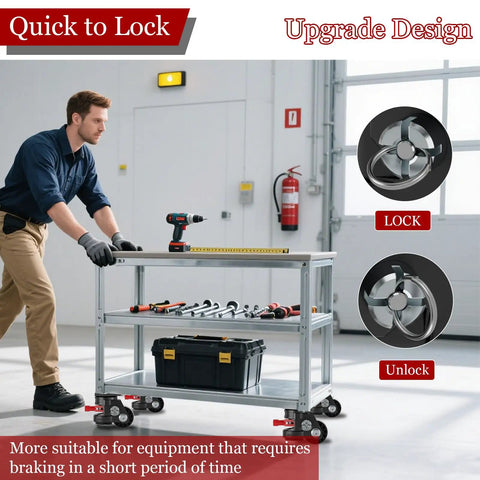 Heavy Duty Leveling Casters With Quick Lock Brakes, 4800 Lb Load Rating, Set Of Four Adjustable Height Wheels in use on a tool cart.
