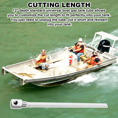 Boat Fuel Tank Pickup Tube 12 Inch Depth Universal Fit shown with marine crew and boat on water background