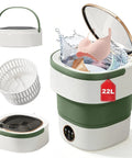 Upgrade Laundry Day To Total No Sweat With This Dope 22L Portable Foldable Washer Packed With Blue Light Washing And A Rapid Spin Basket Ideal For Baby Gear Socks And Underwear In Lime Green with bra and water splash.