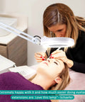 Super Bright 2,200 Lumens LED Magnifying Glass With Light And Stand in use by esthetician for eyelash extensions
