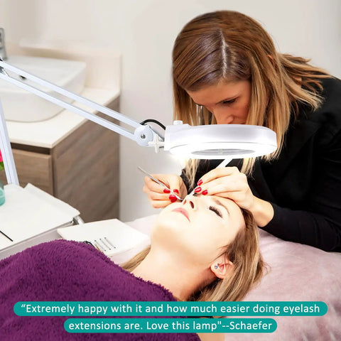 Super Bright 2,200 Lumens LED Magnifying Glass With Light And Stand in use by esthetician for eyelash extensions