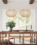 Two handwoven bamboo pendant lights over dining table, coastal boho style, adjustable 78 inch cord, E26 socket, 40W max