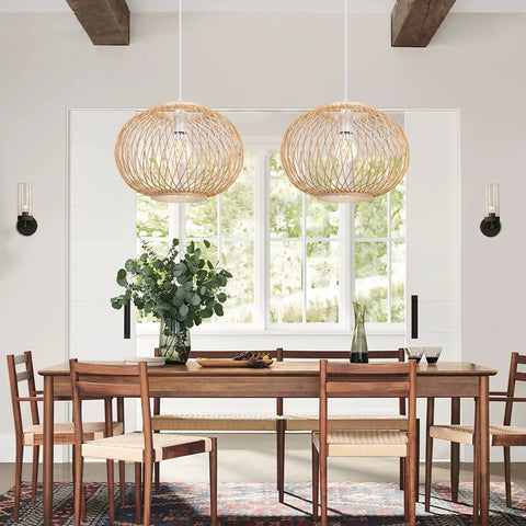 Two handwoven bamboo pendant lights over dining table, coastal boho style, adjustable 78 inch cord, E26 socket, 40W max