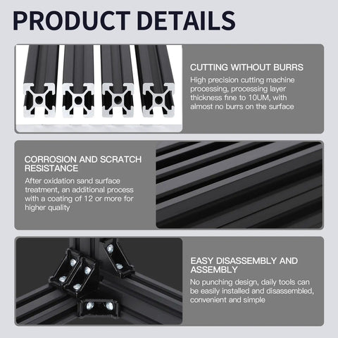 Four Pack 600mm T Slot 2020 Aluminum Extrusion Rails Black For DIY Builds, close-up details of anodized finish
