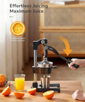 Heavy Duty Cast Iron Manual Citrus Juicer Press, Giant Orange Squeezer Handles Lemons Limes Grapefruit Effortless Leverage, Large Basin With Strainer For Fresh Kitchen Juice Extractor No Waste Design, juicing fresh oranges.
