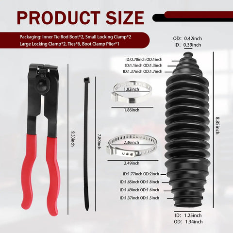 Cut To Fit Silicone Rack And Pinion Boot Kit with pliers, clamps, ties, and adjustable black bellows for cars